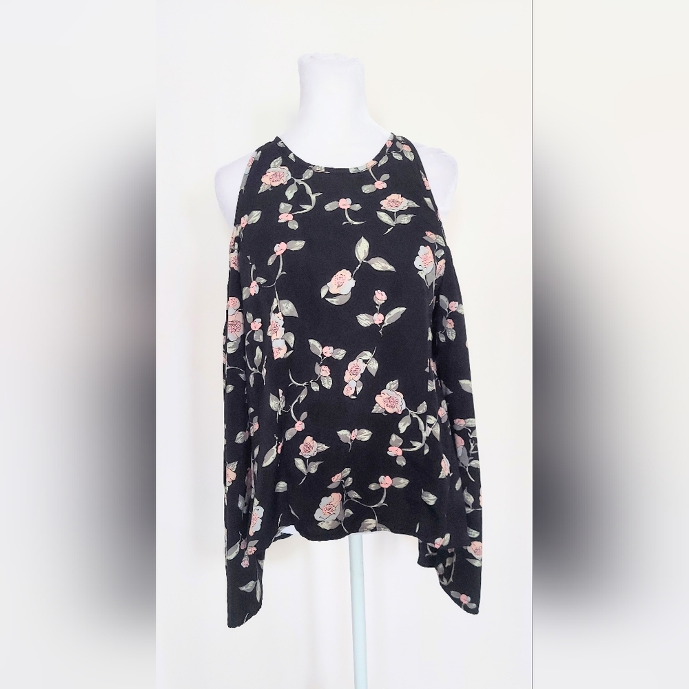 Lucca Cold Shoulder Long Sleeve Top Black Pink Floral Size Small